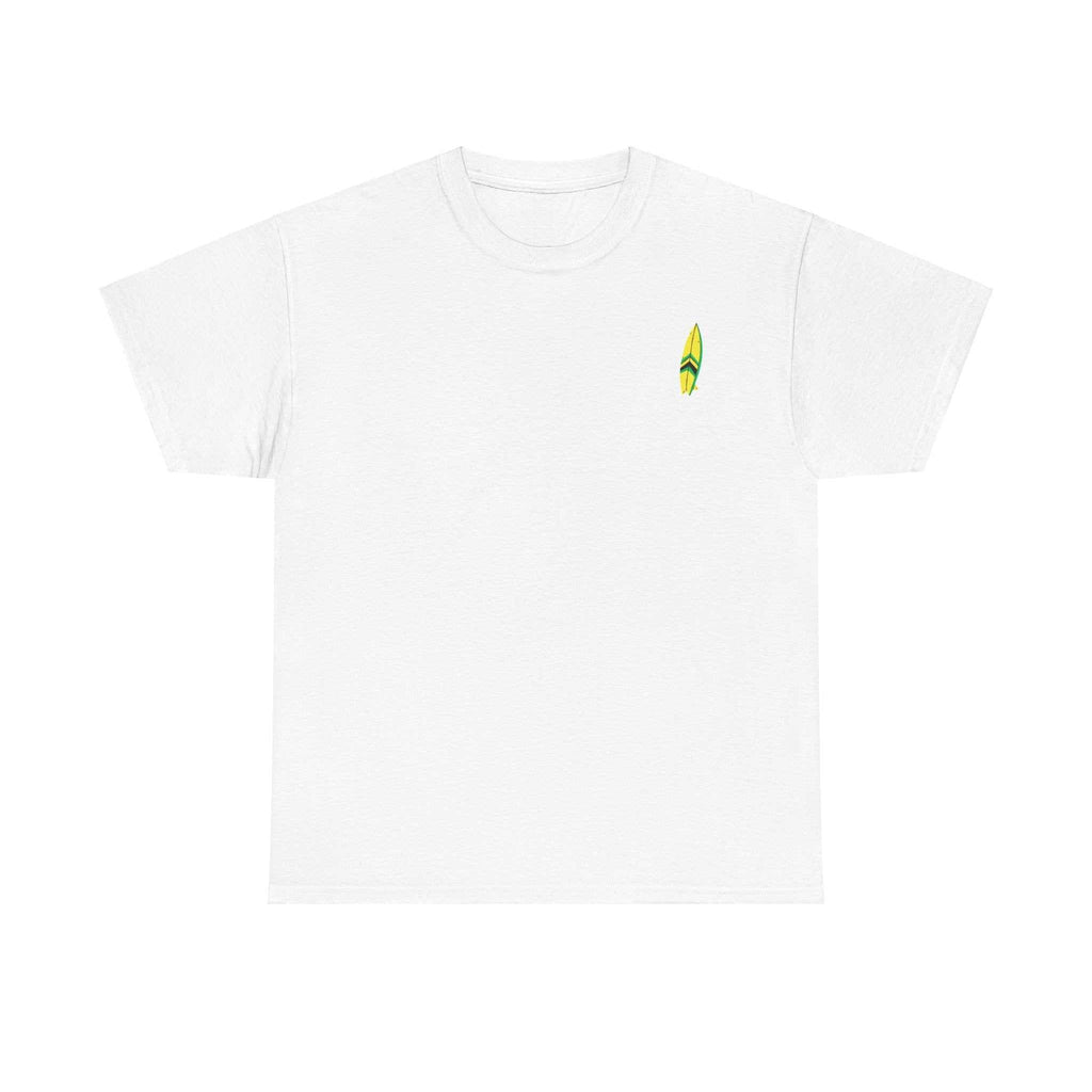 Island Vibes Tee with green, gold, and black surfboard graphic.