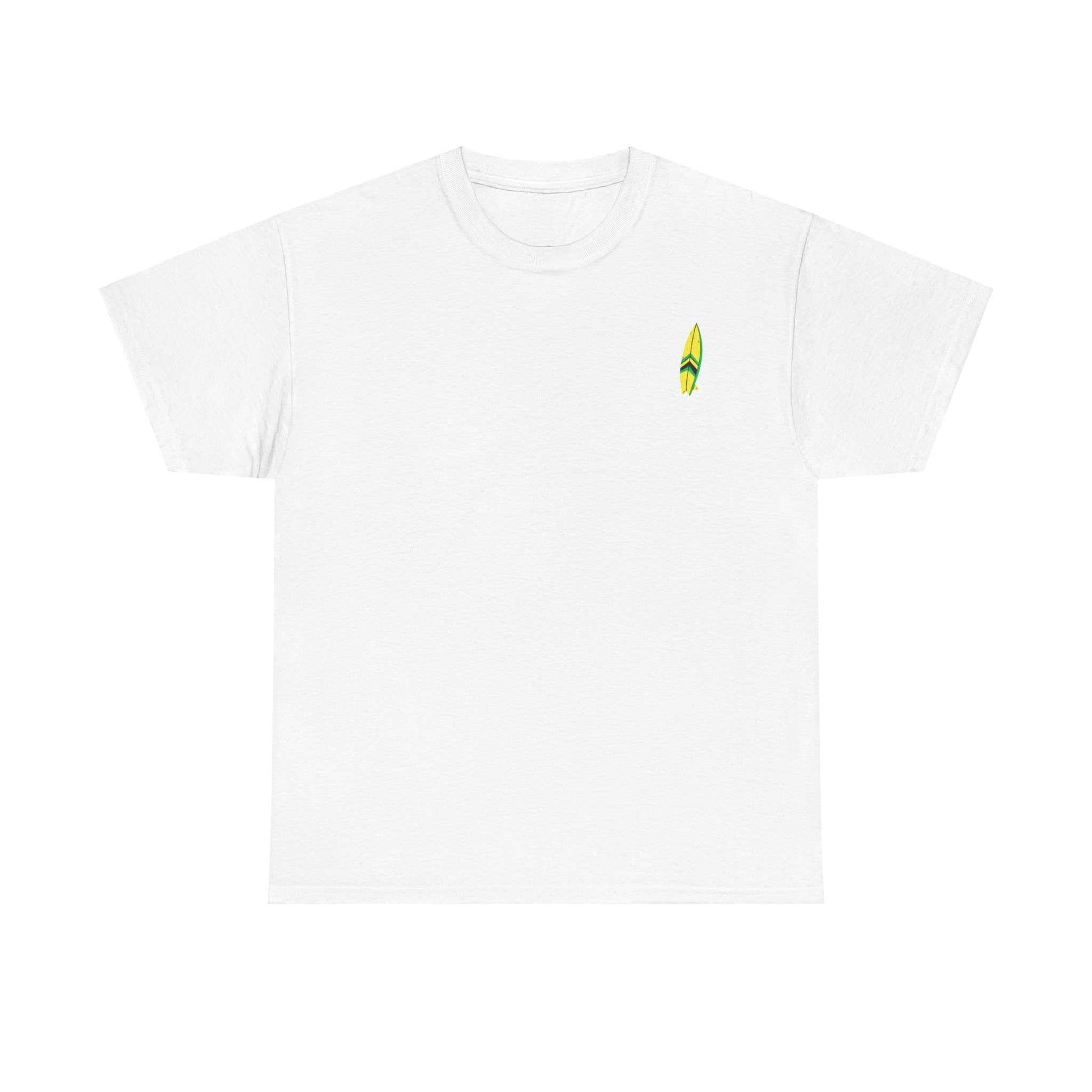 Island Vibes Tee with green, gold, and black surfboard graphic.