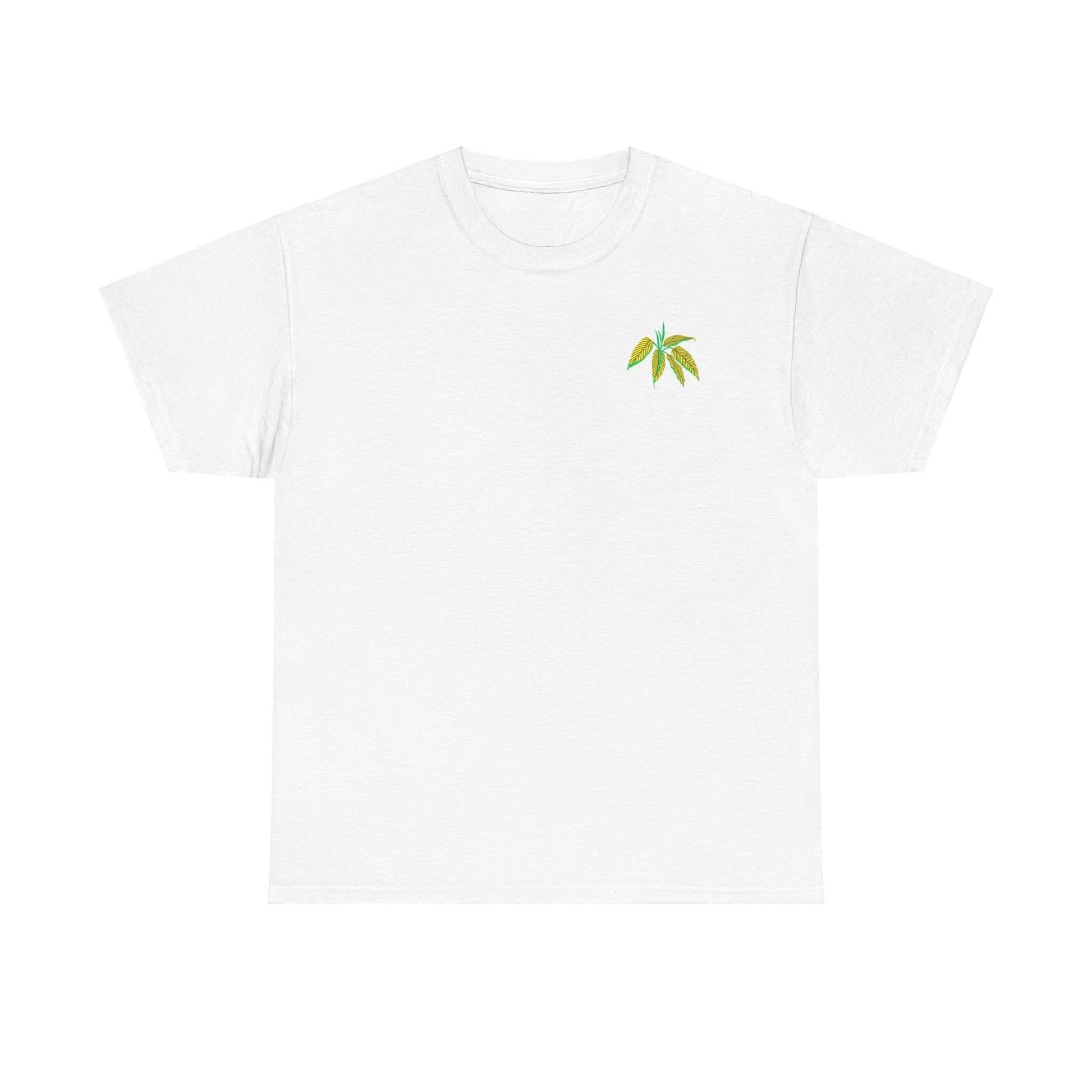 Island Essence Tee with herb leaf design on white cotton fabric.