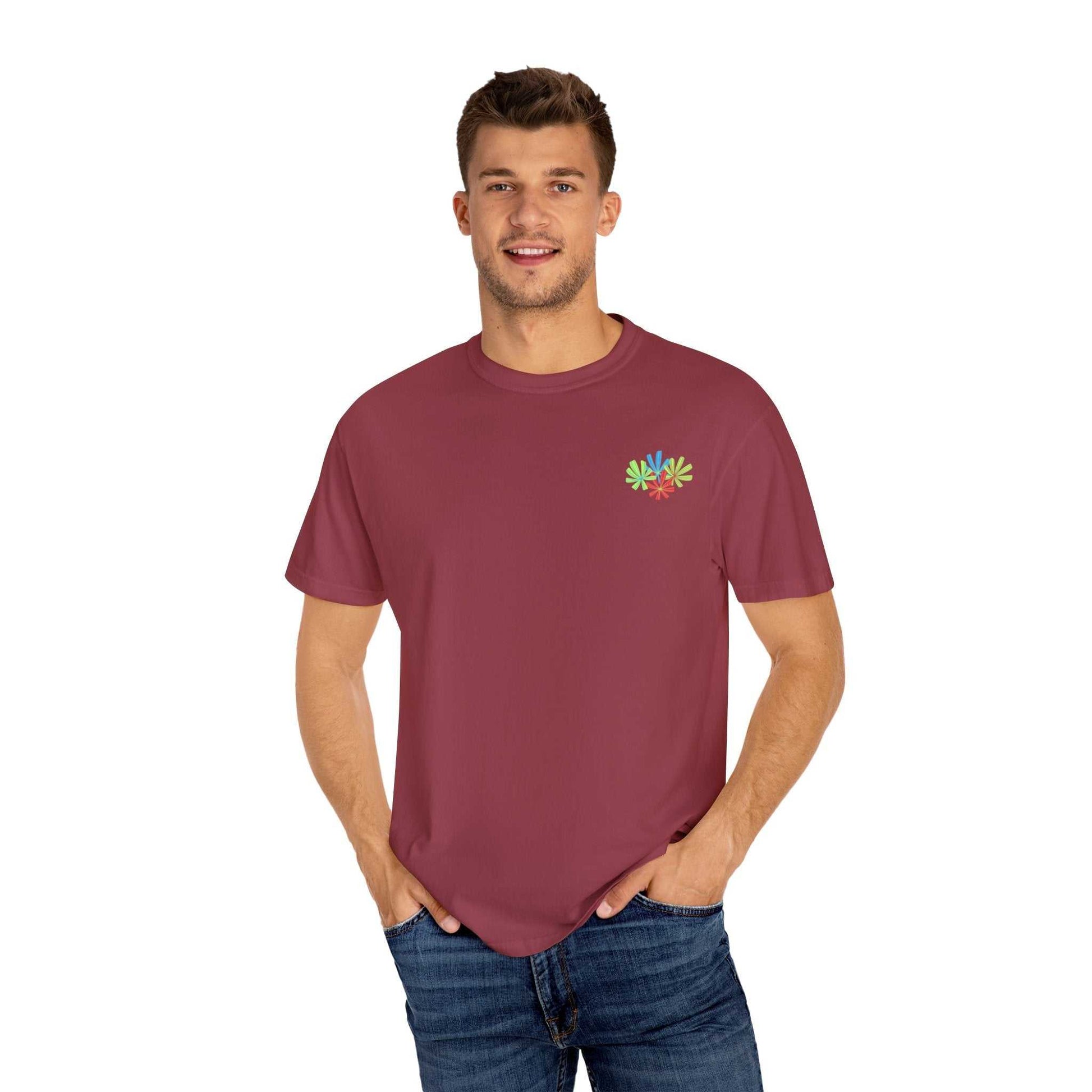 Island Tropical T-shirt with unisex design in maroon, featuring seamless double-needle stitching.
