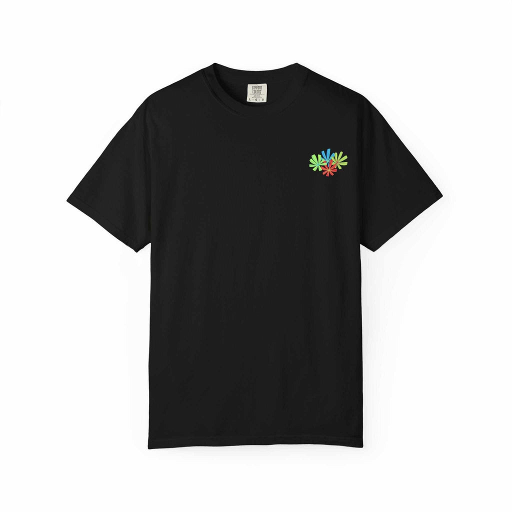 Island Tropical T-shirt with colorful floral design on black, unisex styling for beach and summer events.