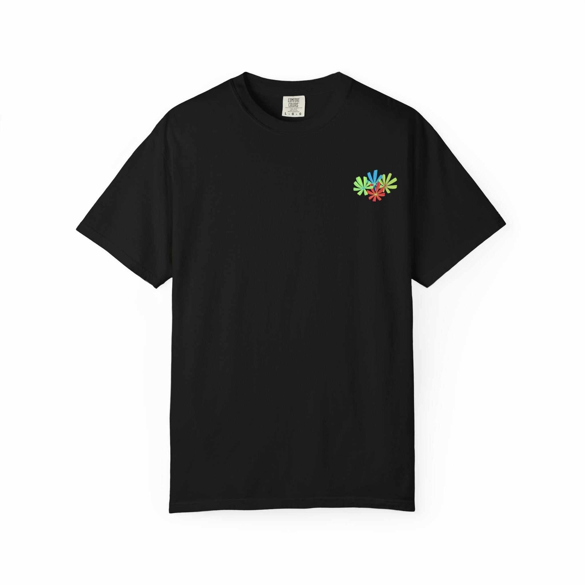 Island Tropical T-shirt with colorful floral design on black, unisex styling for beach and summer events.