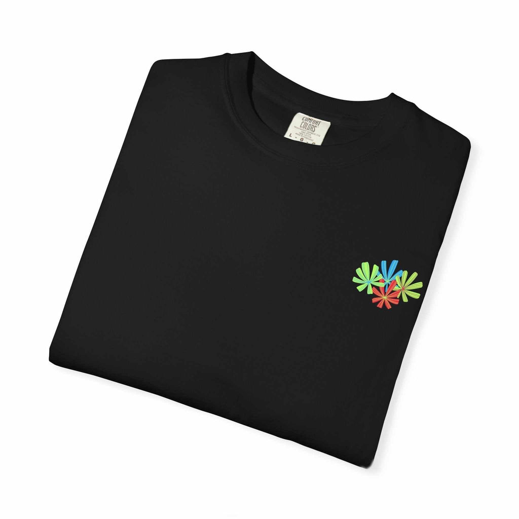 Island Tropical T-shirt in black with colorful palm design, unisex sizes S to 4XL, made from soft ring-spun cotton.