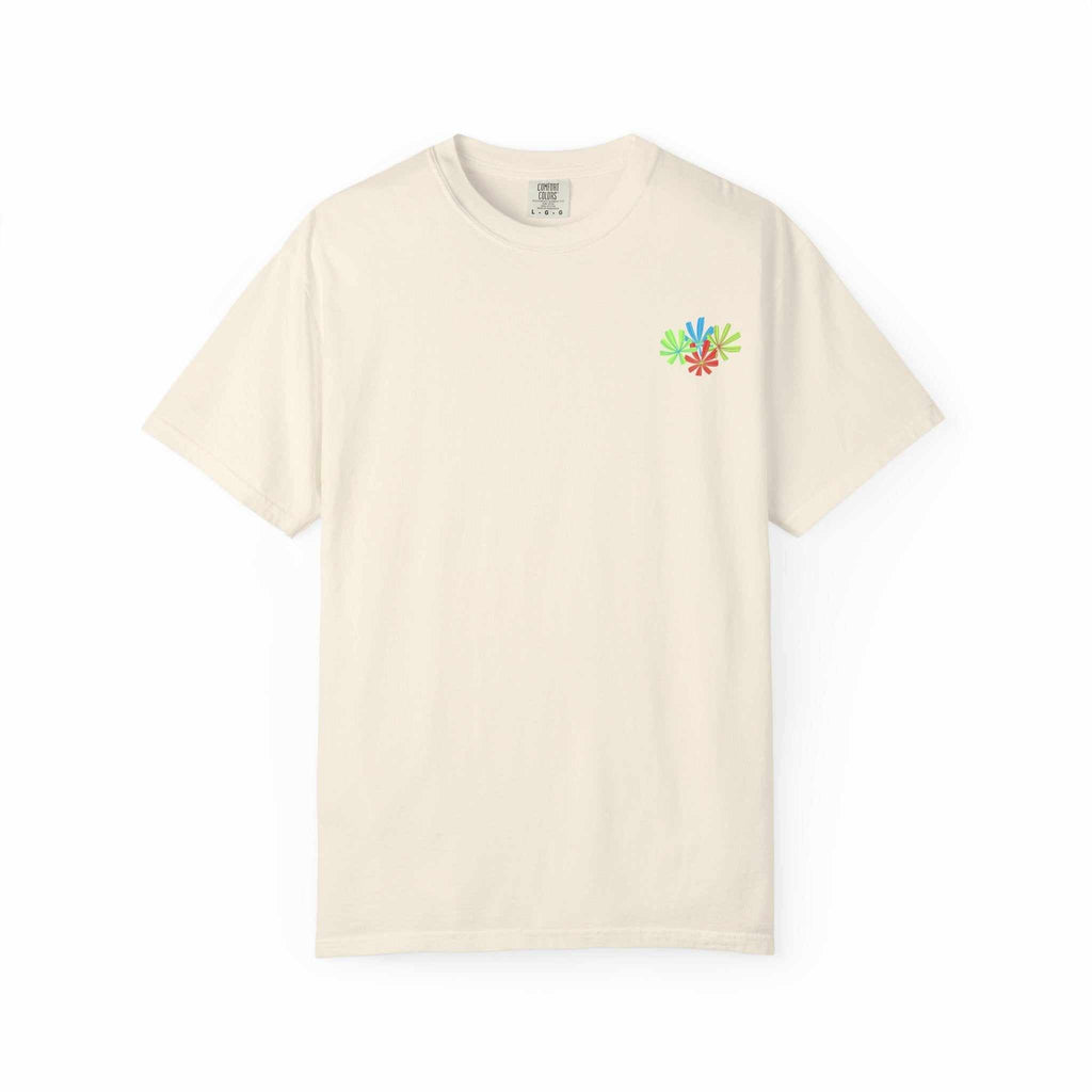 Island Tropical T-shirt in cream color with small colorful floral design on chest.