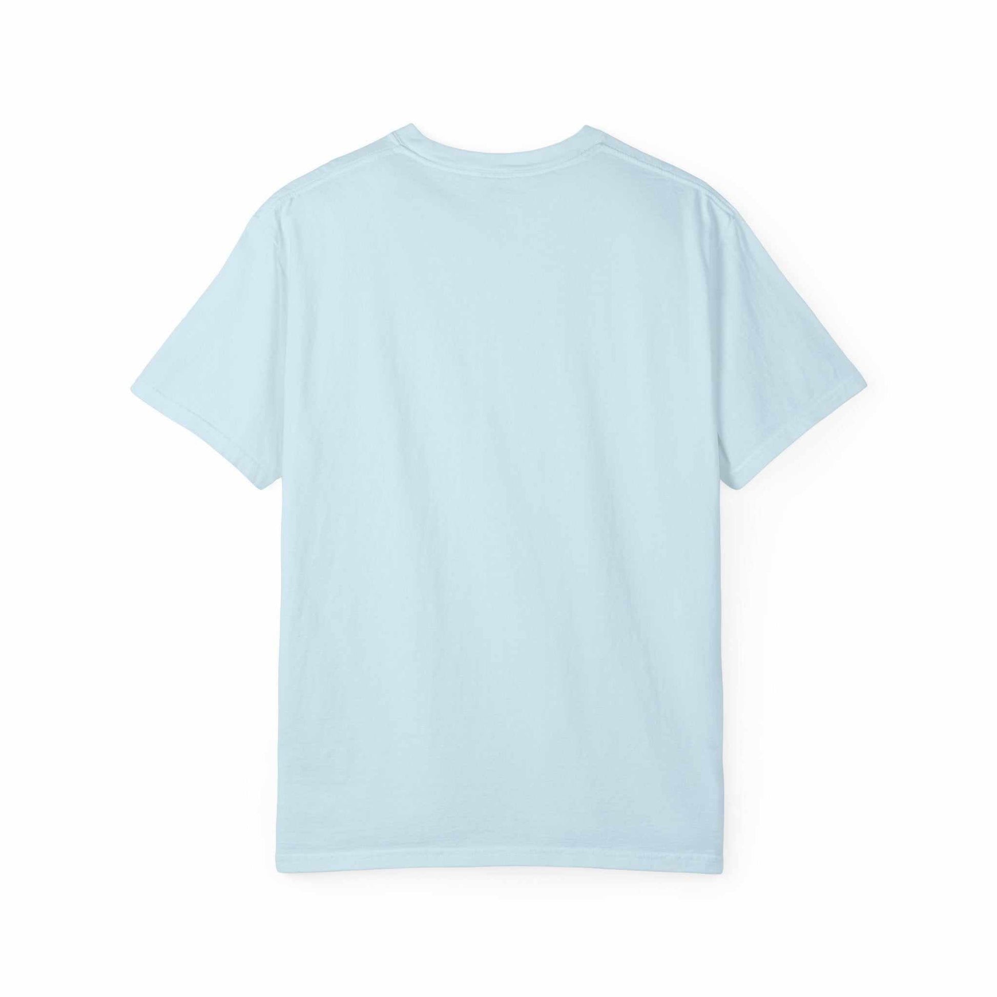 Island Tropical T-shirt in light blue, unisex design, seamless garment-dyed fabric, perfect for summer vibes.