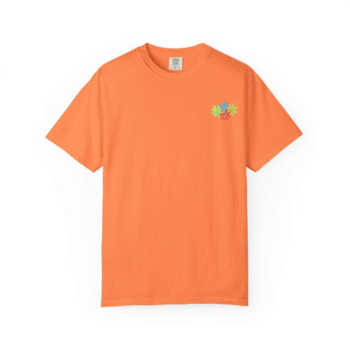 Island Tropical T-shirt in orange with floral design, unisex, sizes S to 4XL.