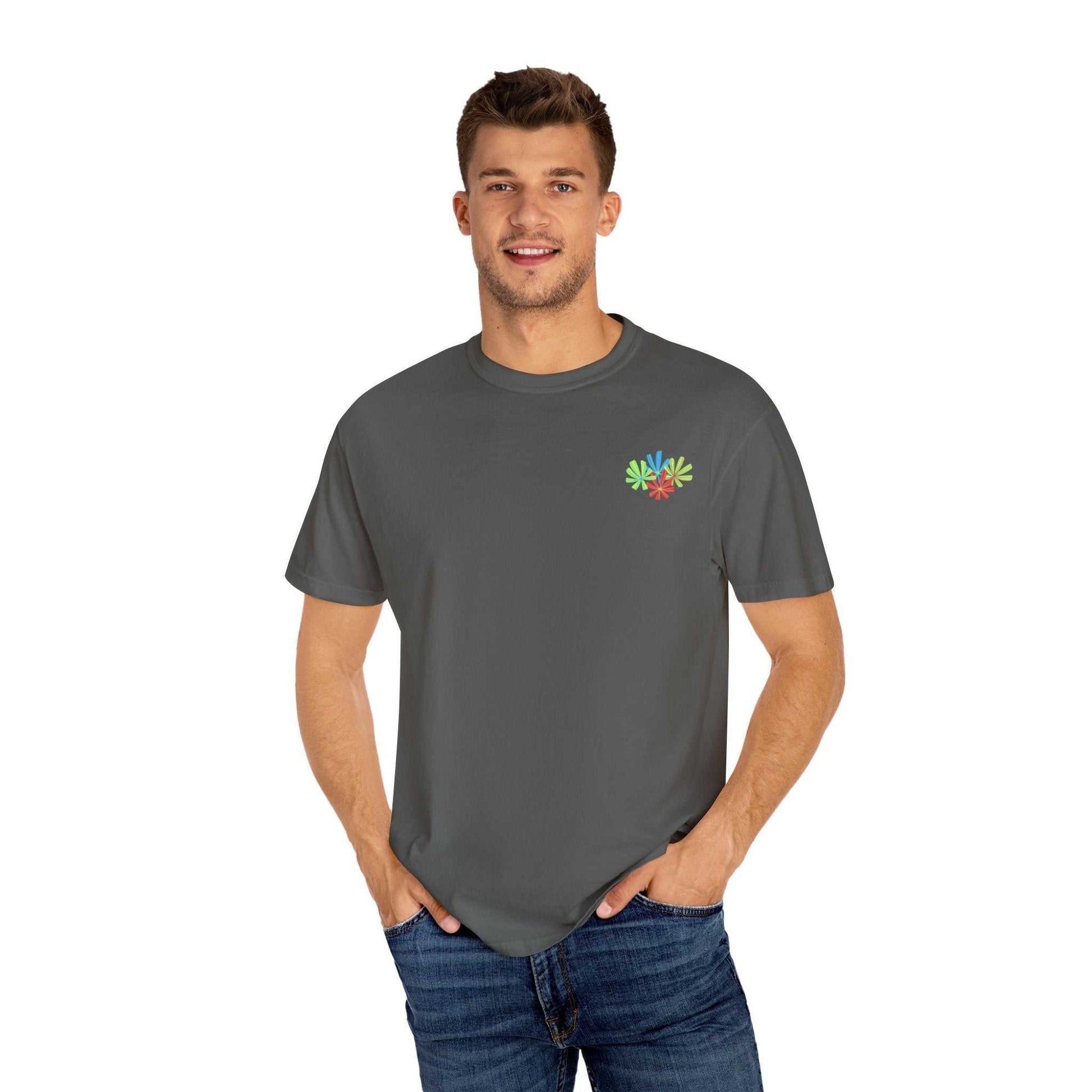 Island Tropical T-shirt with seamless design and soft, garment-dyed US cotton, ideal for beach vacations and summer events.
