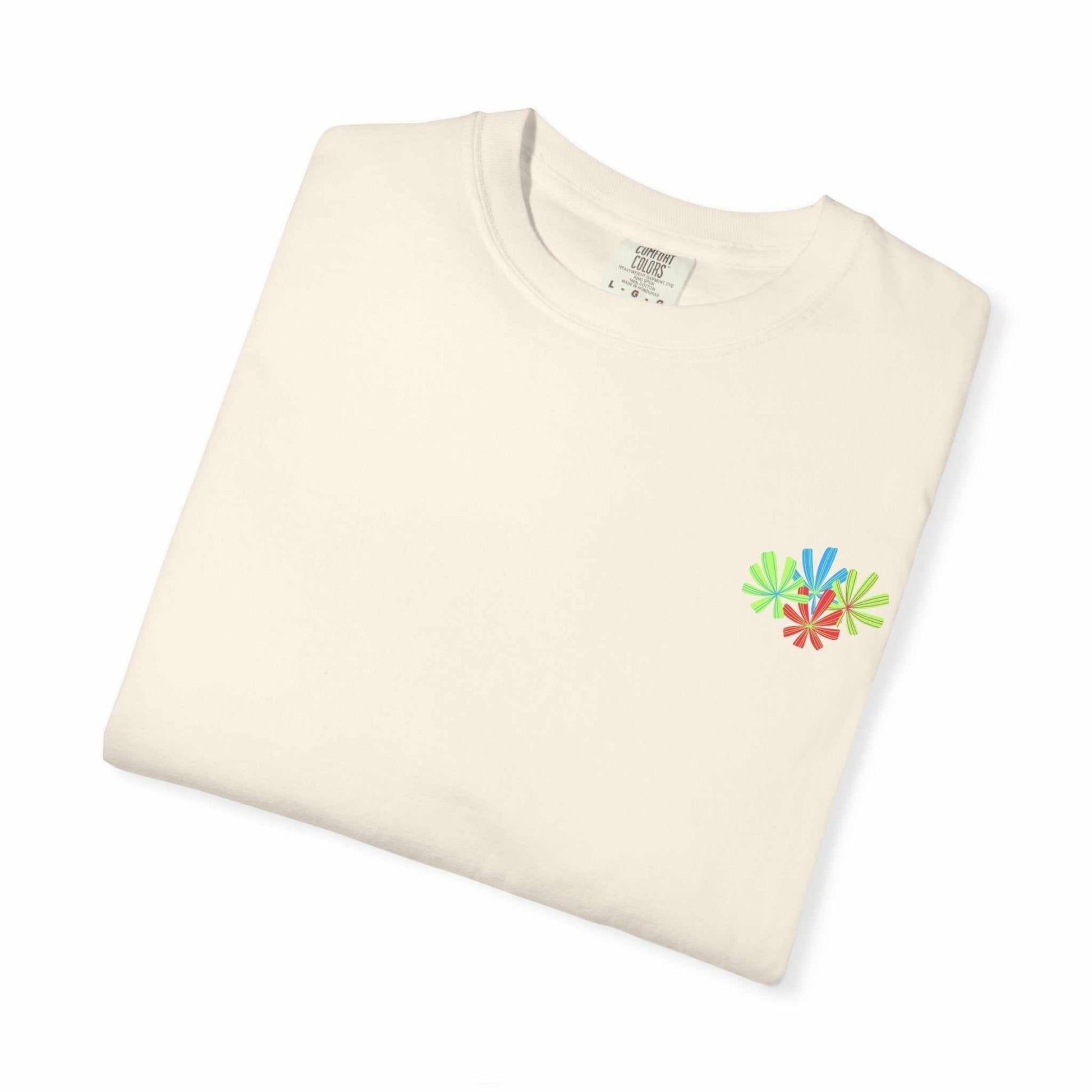 Island Tropical T-shirt with vibrant floral design, unisex, garment-dyed, made of ring-spun US cotton.