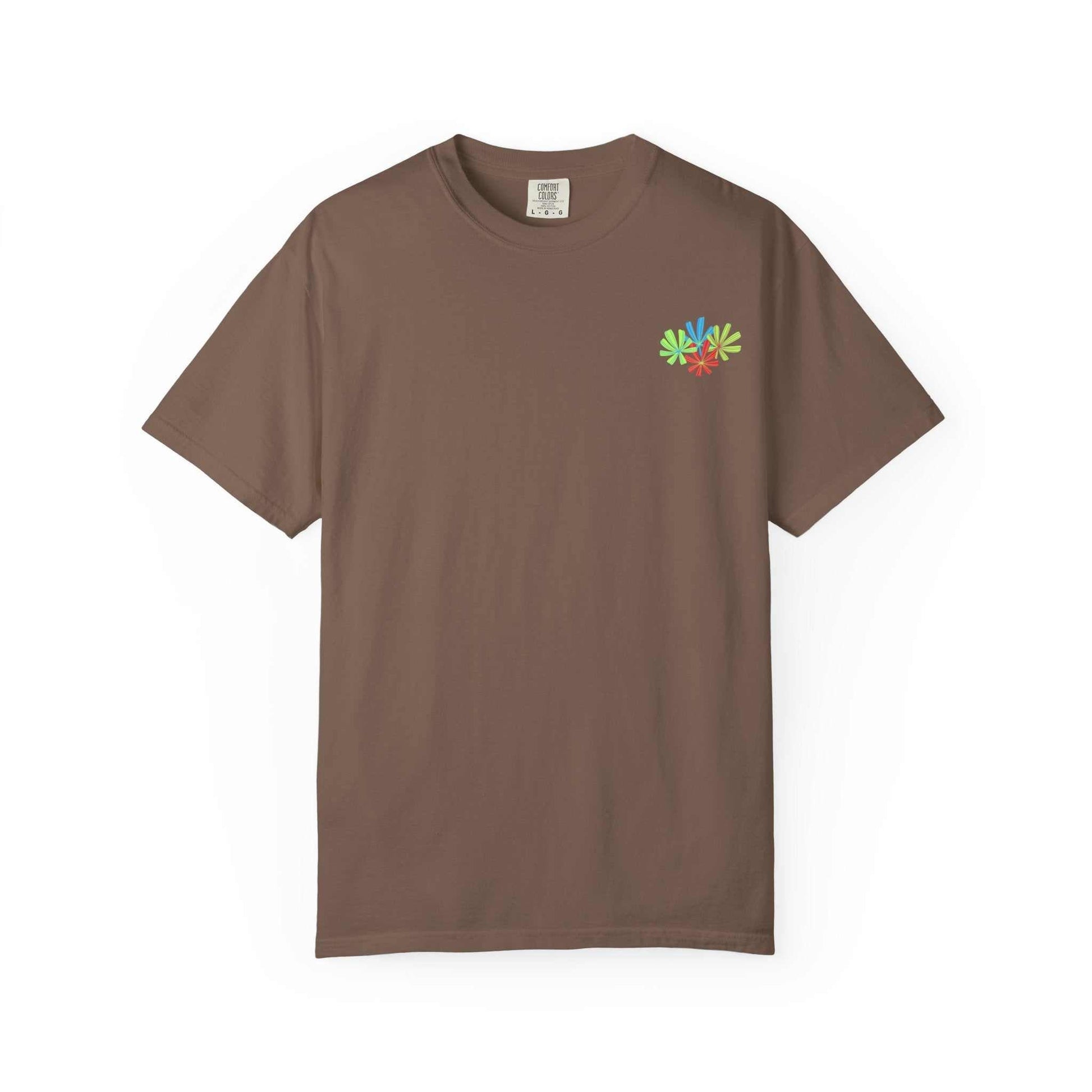 Island Tropical T-shirt in brown with colorful leaf design, unisex, available in sizes S to 4XL.