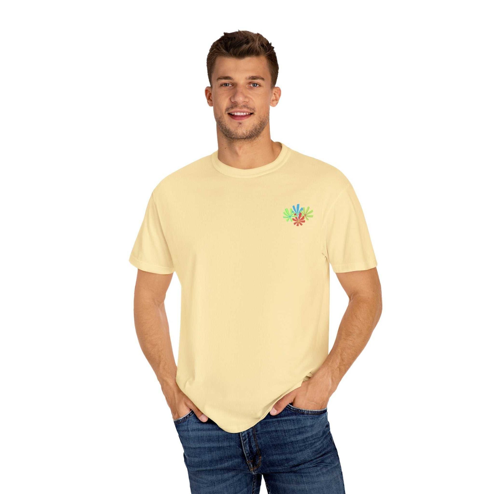 Island Tropical T-shirt with colorful design, worn by a person, unisex style.