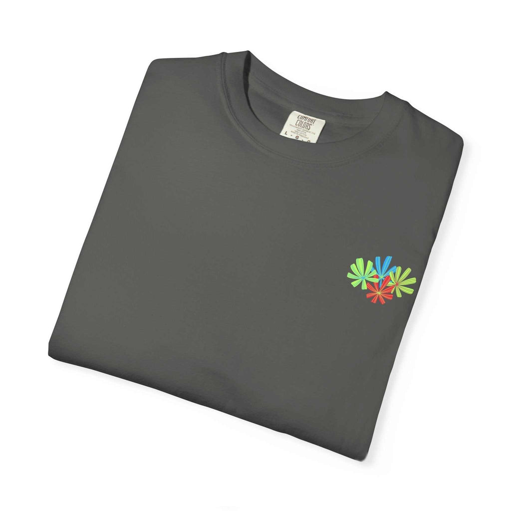 Island Tropical T-shirt in gray with colorful floral design, unisex, high-quality cotton.