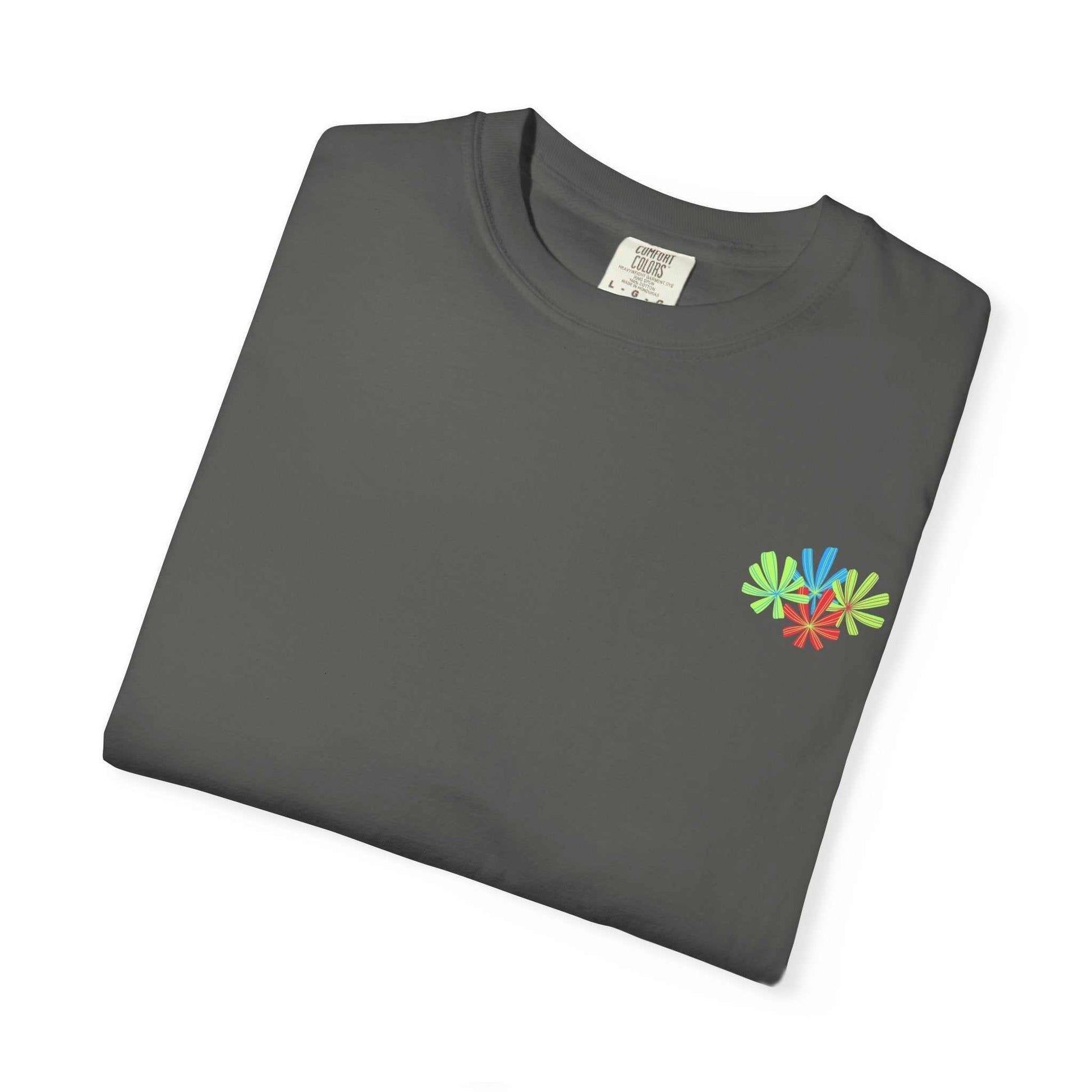 Island Tropical T-shirt in gray with colorful floral design, unisex, high-quality cotton.