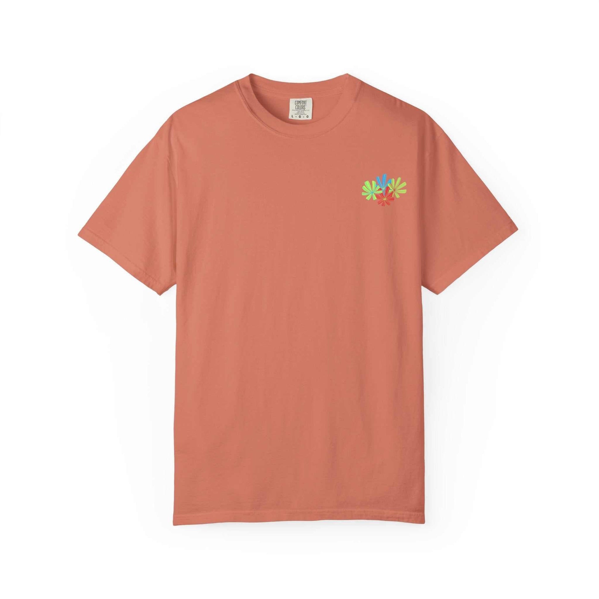 Island Tropical T-shirt in coral, unisex design, perfect for beach vacations and summer events.