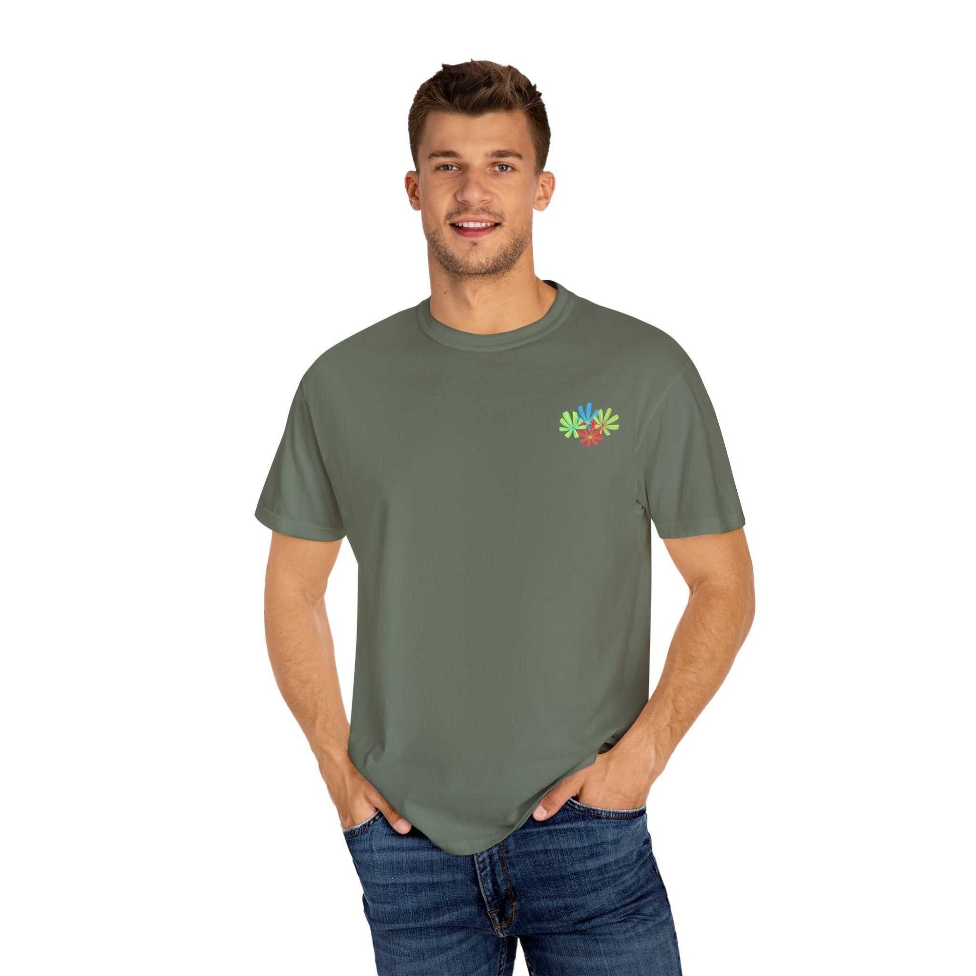 Unisex Island Tropical T-shirt with colorful plant design, perfect for beach vacations and summer events.