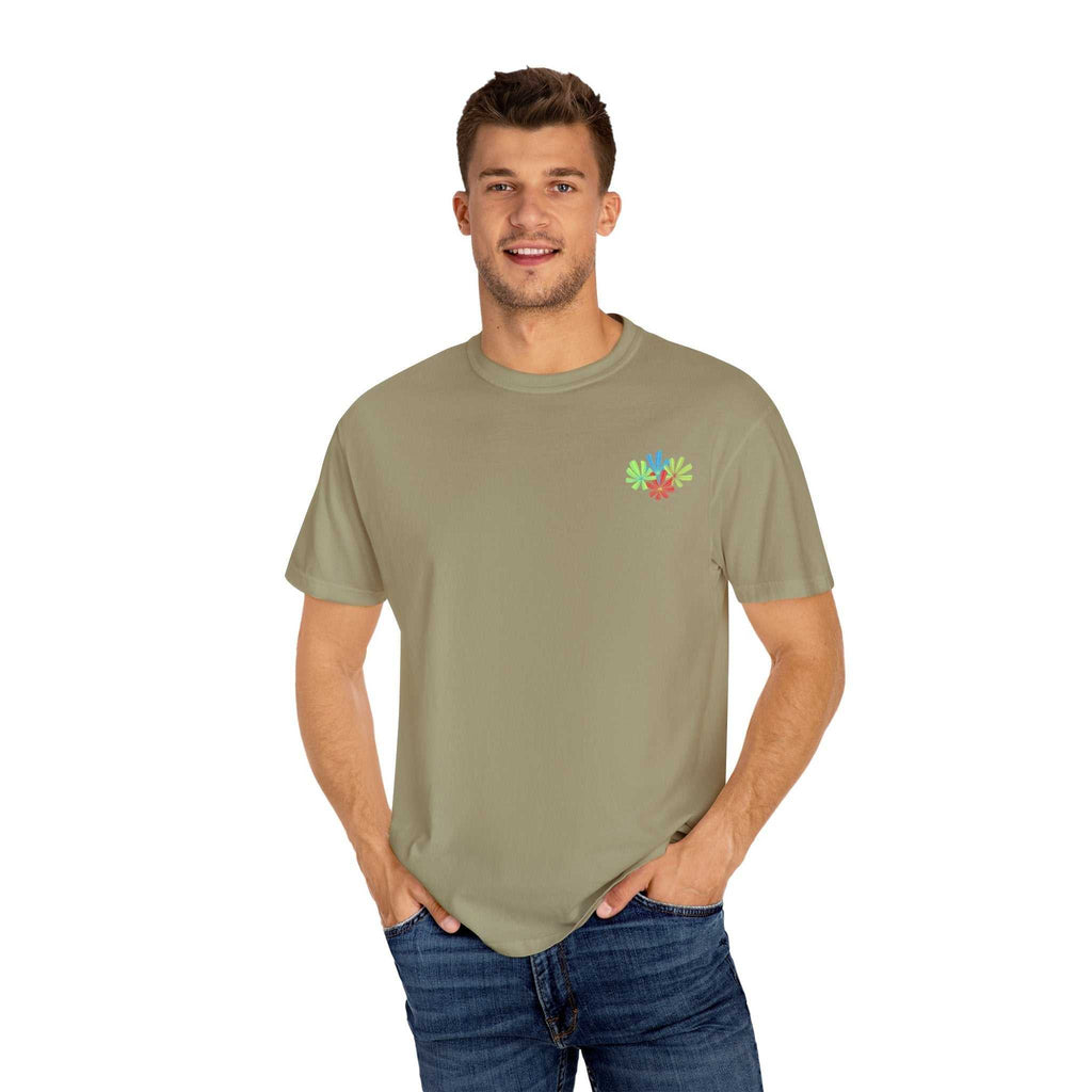 Island Tropical T-shirt with floral design, beige color, worn by unisex model.