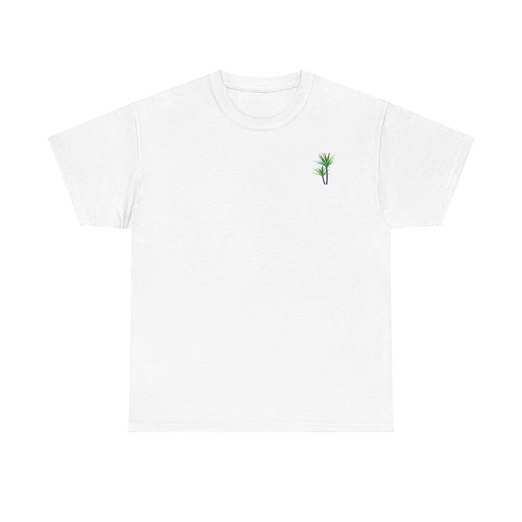 White Paradise Palm Tee with sleek palm design on chest, capturing tropical vibes.