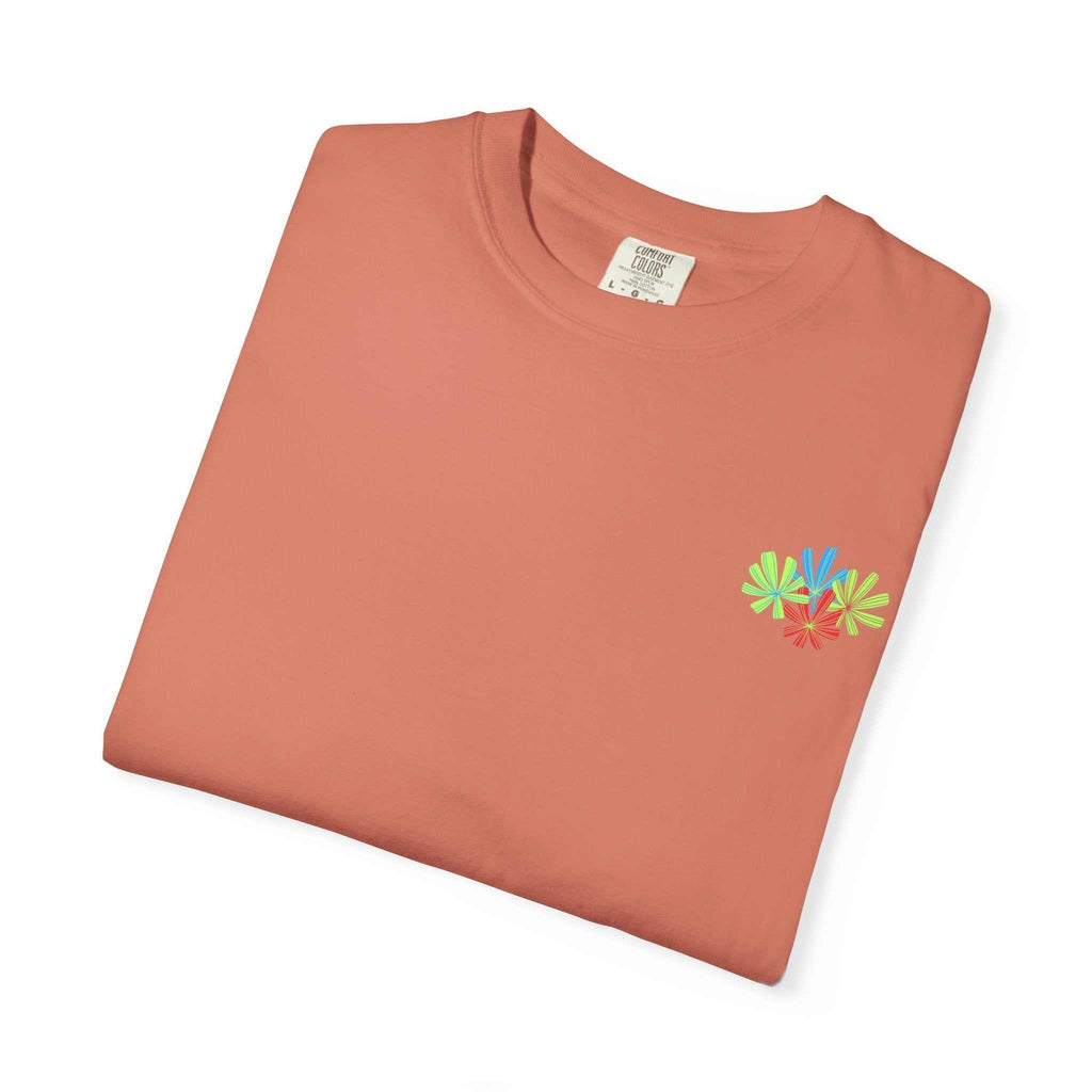 Island Tropical T-shirt in coral with colorful floral design, unisex, sizes S-4XL, made from ring-spun US cotton.