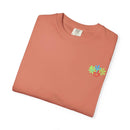 Island Tropical T-shirt in coral with colorful floral design, unisex, sizes S-4XL, made from ring-spun US cotton.