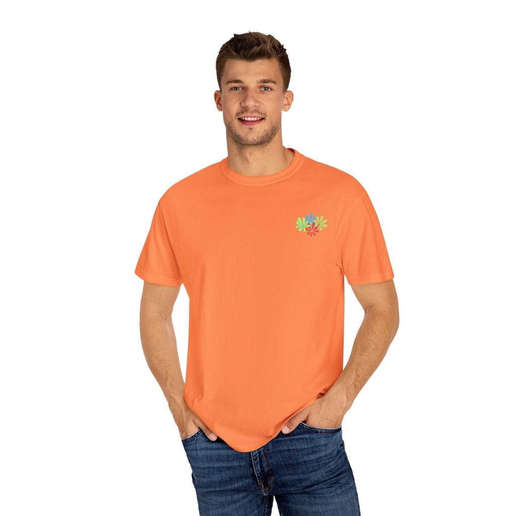 Island Tropical T-shirt in orange, unisex design, perfect for beach vacations and summer events.